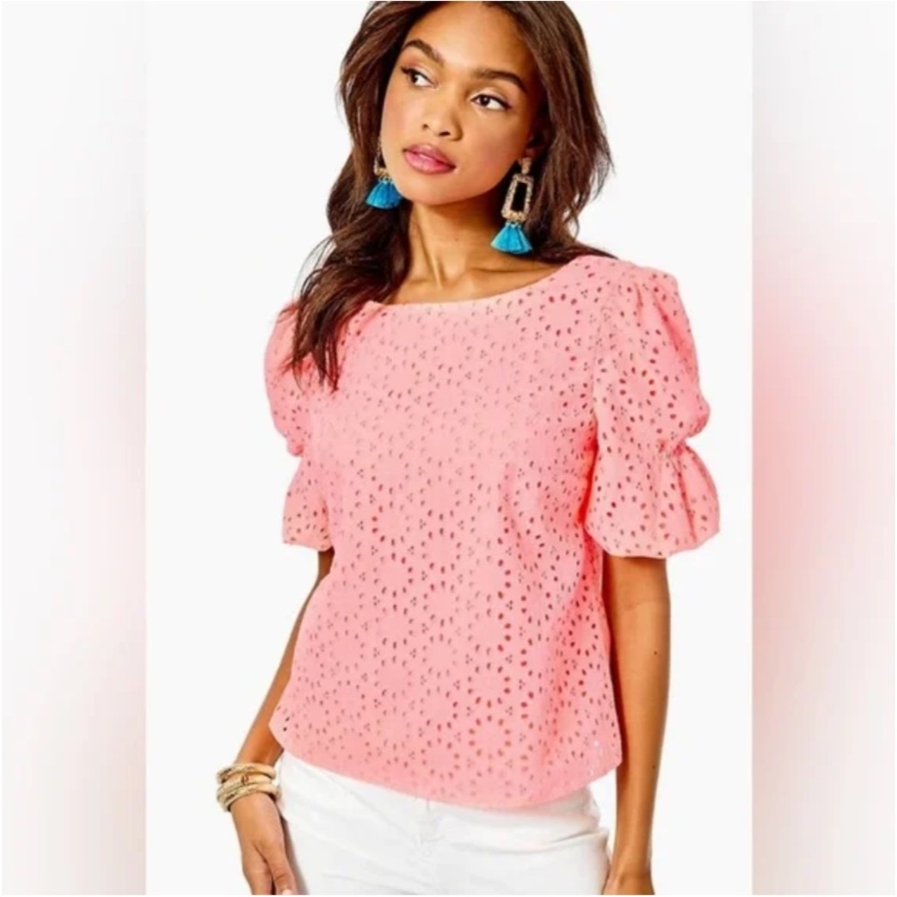 Lilly Pulitzer Shaila Top in Shellona Coral Neon Sunburst Eyelet. Size XS